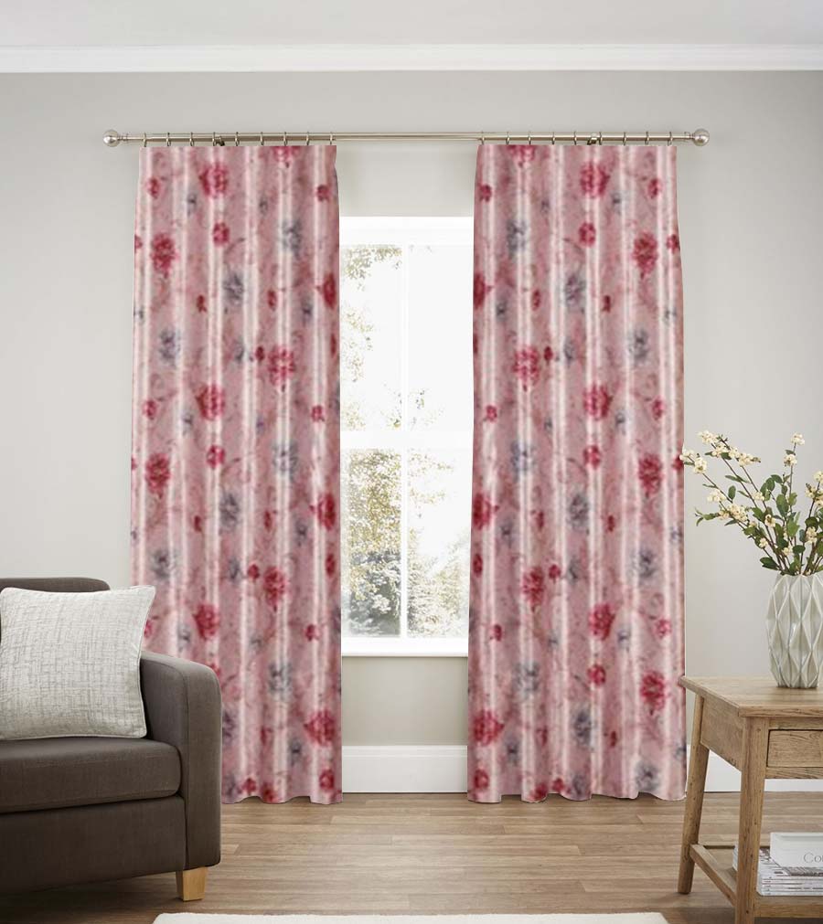 Pink Eyelet Curtain With Red-Blue Tiny Foral Design - Lalco Interiors